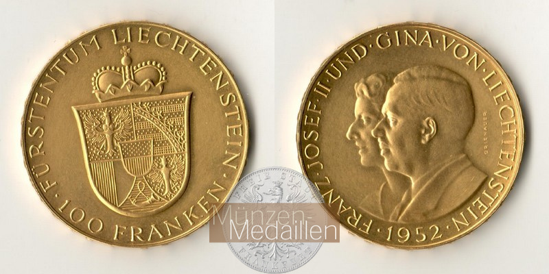 Liechtenstein MM-Frankfurt Feingold: 29g 100 Franken 1952 