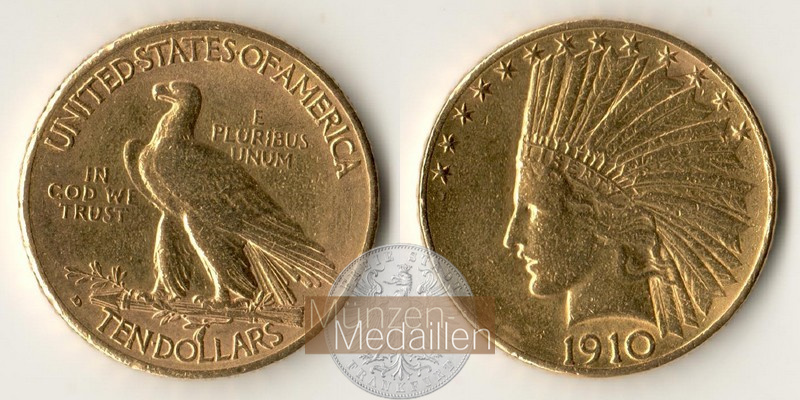 USA  10 Dollar MM-Frankfurt Feingold: 15,05g Eagle Indian Head 1910 D 