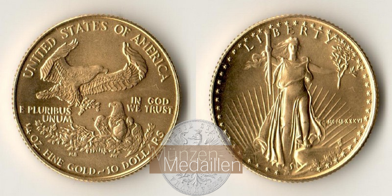 USA 10 Dollar MM-Frankfurt  Feingold: 7,78g American Eagle 1/4 Unze 1986 