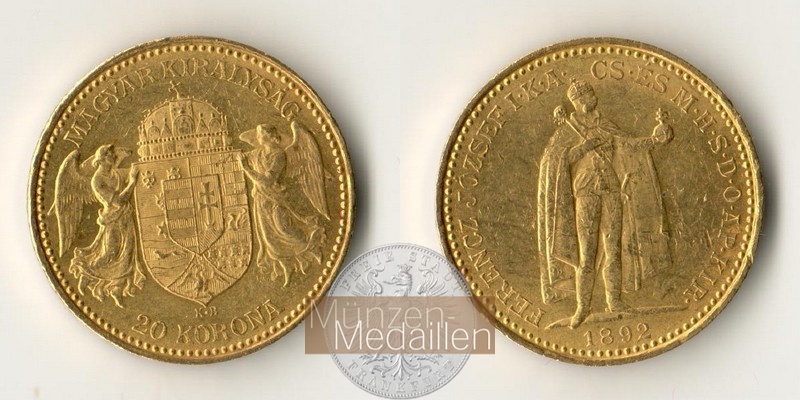 Ungarn MM-Frankfurt  Feingold: 6,10g 20 Kronen 1892 KB 