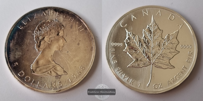  Kanada  5 Dollar  1988  Maple Leaf   FM-Frankfurt    Feinsilber: 31g   