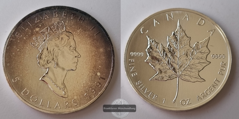  Kanada  5 Dollar  1991  Maple Leaf   FM-Frankfurt    Feinsilber: 31g   