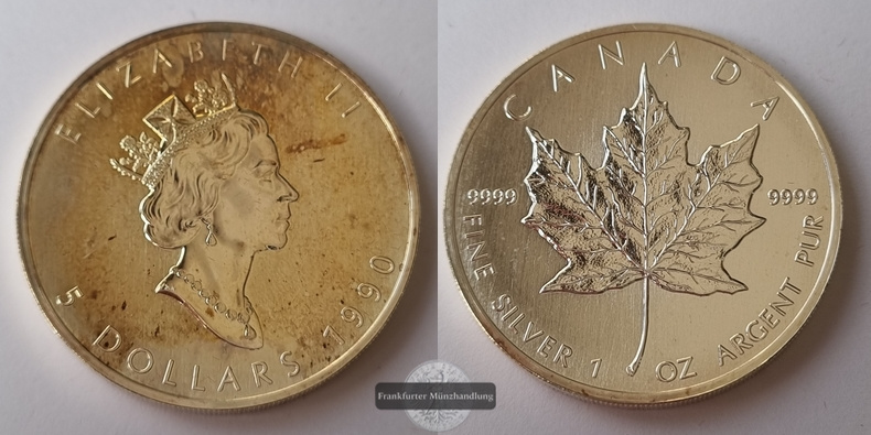  Kanada  5 Dollar  1990  Maple Leaf   FM-Frankfurt    Feinsilber: 31g   