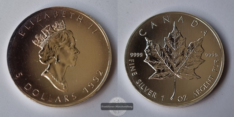  Kanada  5 Dollar  1992  Maple Leaf   FM-Frankfurt    Feinsilber: 31g   