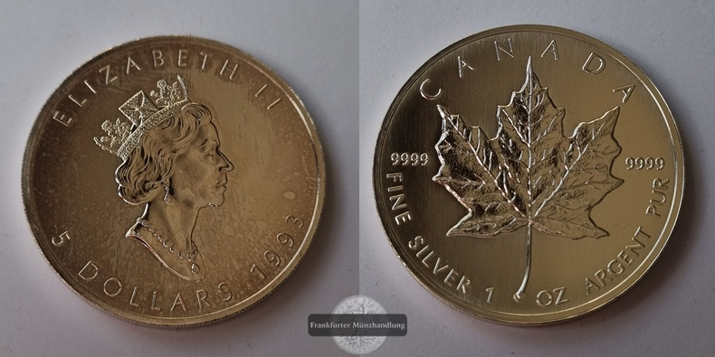  Kanada  5 Dollar  1993  Maple Leaf   FM-Frankfurt    Feinsilber: 31g   