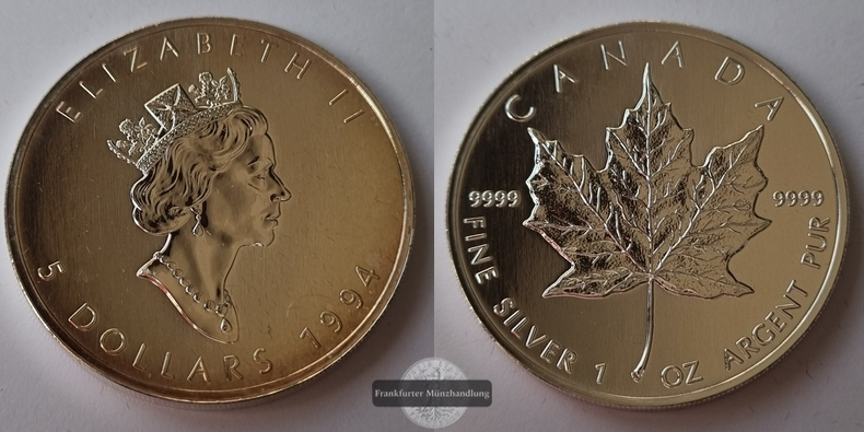  Kanada  5 Dollar  1994  Maple Leaf   FM-Frankfurt    Feinsilber: 31g   
