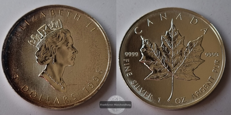  Kanada  5 Dollar  1996  Maple Leaf   FM-Frankfurt    Feinsilber: 31g   