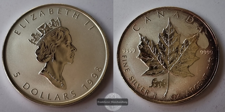  Kanada  5 Dollar  1998  Maple Leaf   FM-Frankfurt    Feinsilber: 31g   