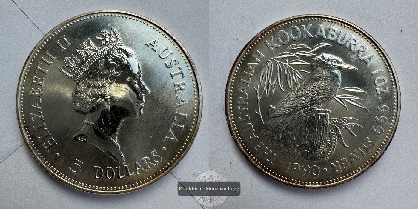  Australien 5 Dollars 1990 Kookaburra FM-Frankfurt KM#189 Feinsilber: 31,07g   