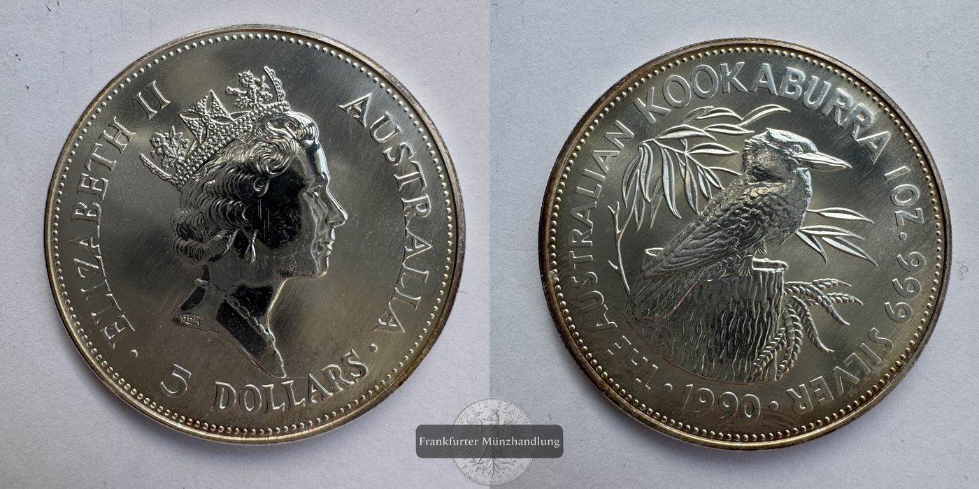  Australien 5 Dollars 1990 Kookaburra FM-Frankfurt KM#189 Feinsilber: 31,07g   