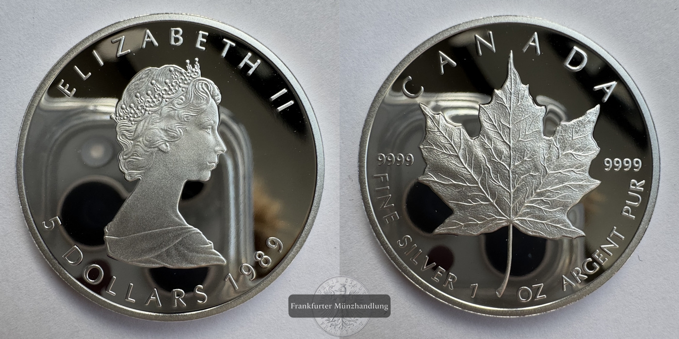  Kanada 5 Dollar 1989 Maple Leaf Proof FM-Frankfurt KM#163 Feinsilber: 31,1g   