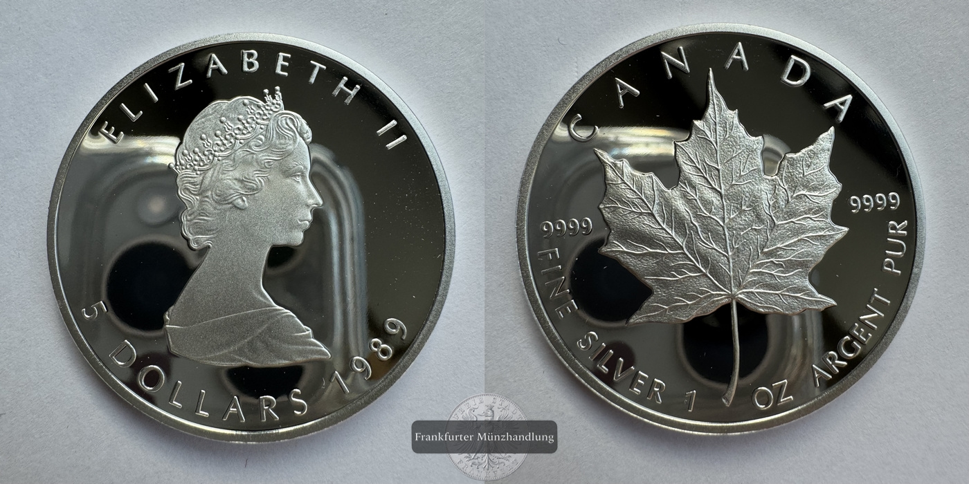  Kanada 5 Dollar 1989 Maple Leaf Proof FM-Frankfurt KM#163 Feinsilber: 31,1g   