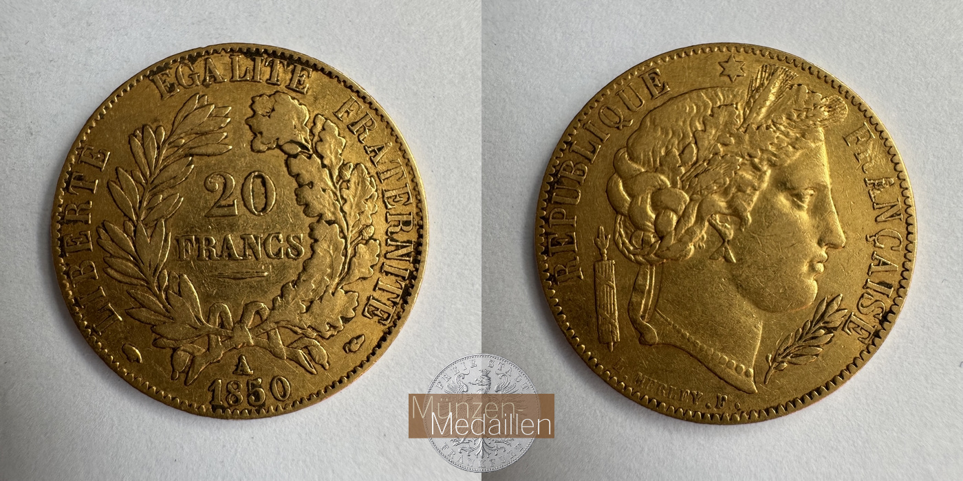  Republik Frankreich, 20 Francs 1850 A (1849-1851) MM-Frankfurt KM#762 Feingold: 5,81g   