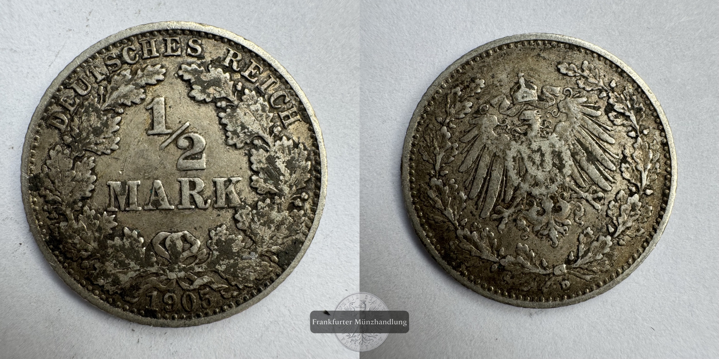  Kaiserreich 1/2 Mark 1905 FM-Frankfurt KM#17 Feinsilber: 2,466g   