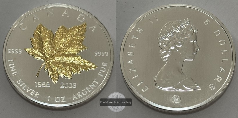  Kanada - 5 Dollar 2008 Maple Leaf Proof FM-Frankfurt  Feinsilber: 31,1g   