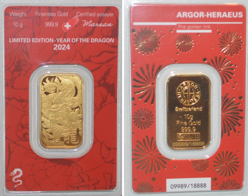  -kirofa - Schweiz - Baren Gold 10 g.9999 - YEAR OF THE DRAGON 2024 .ARGOR-HERAEUS. LTD EDITION.   
