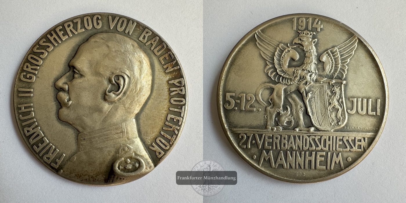  Deutschland Mannheim 1914 Silbermedaille Verbandsschießen FM-Frankfurt Gewicht: 29,75g   