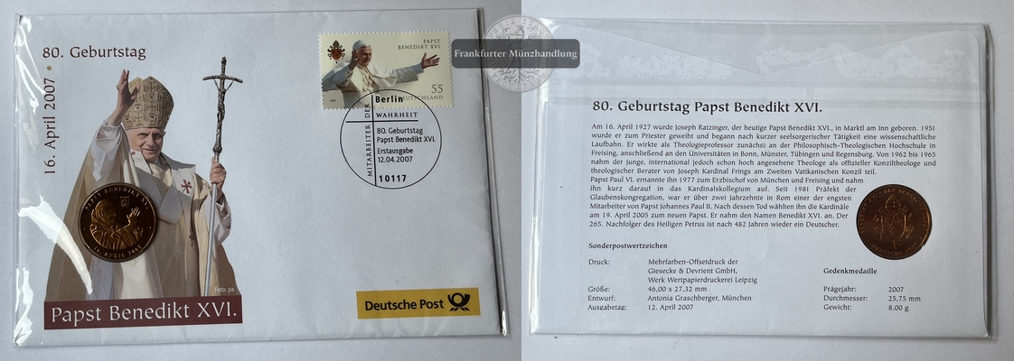  Vatikan 2007 80. Geburtstag von Papst Benedikt XVI. Gedenkmedaille FM-Frankfurt   