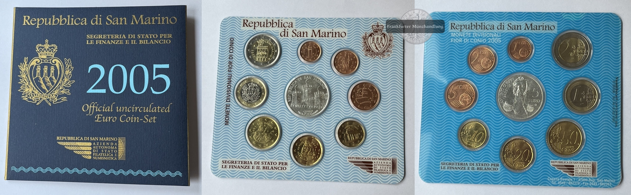  San Marino  Euro-Kursmünzensatz  2005 inkl. 5 Euro Münze FM-Frankfurt Feinsilber: 16,6g   