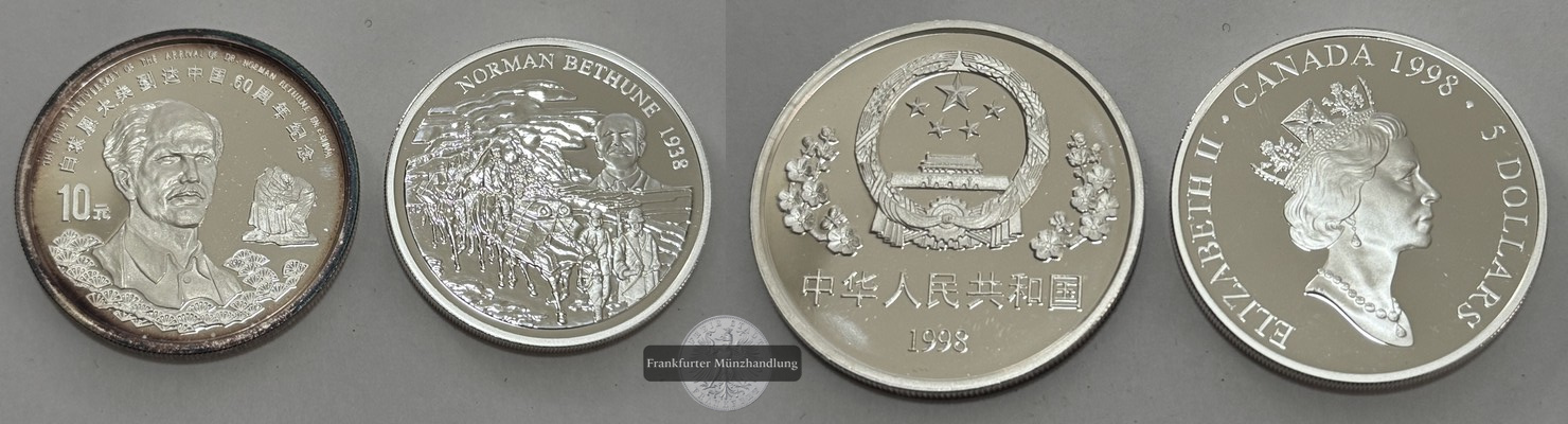  Kanada, China - 5 Dollar / 10 Yuan 1998  Ankunft Dr. Norman Bethune  FM-Frankfurt    Feinsilber: 62g   