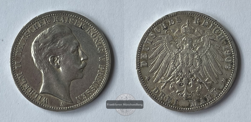  Deutsches Kaiserreich Preussen  3 Mark  Wilhelm II.  1908  A J#103  FM-Frankfurt Feinsilber: 15g   