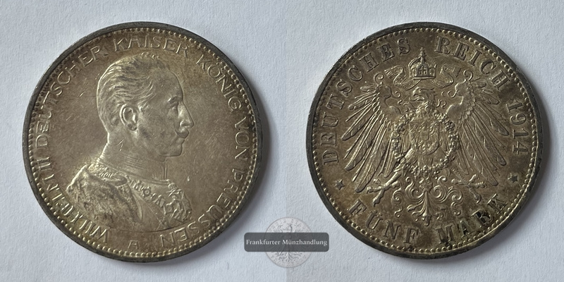  Deutschland Königreich Preußen 5 Mark 1914 A Wilhelm II J#114 FM-Frankfurt  Feinsilber: 25g   