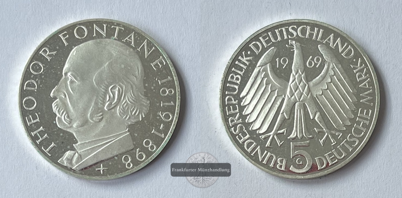  Deutschland 5 DM  1969 Theodor Fontane J#399 FM-Frankfurt Feingewicht: 7g   