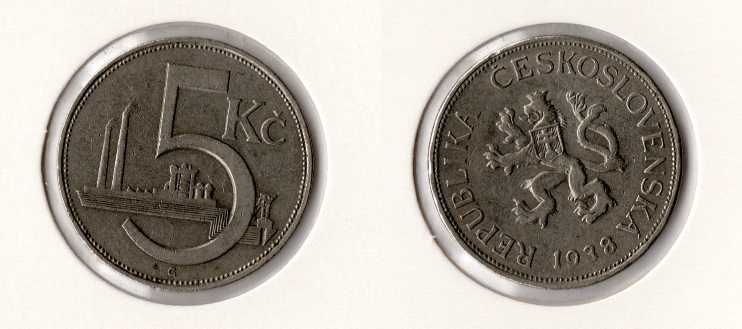  Tschechoslowakei/ Tschechien 5 Korun/ Kronen 1938 ss-vz   