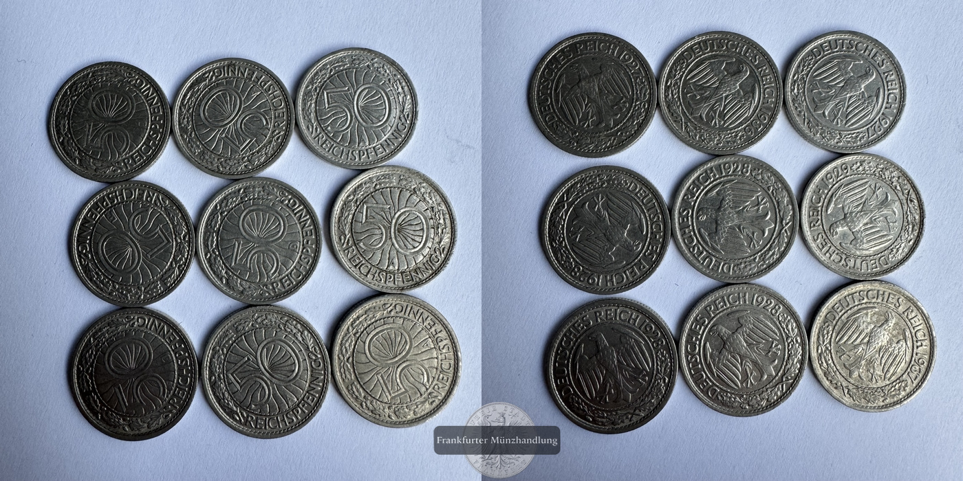  9x 50 Reichspfennig div. Jg. FM-Frankfurt KM#49 Nickel: 31,6g   