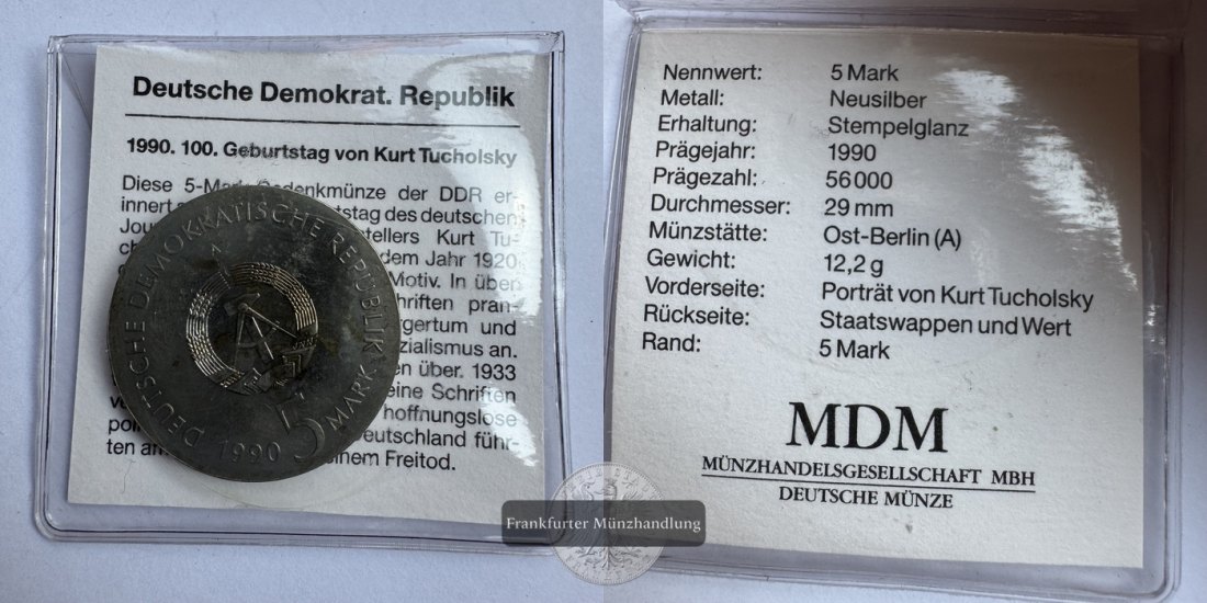  DDR 5 Mark 1990 Kurt Tucholsky FM-Frankfurt KM#133 Unedel 12,20g   