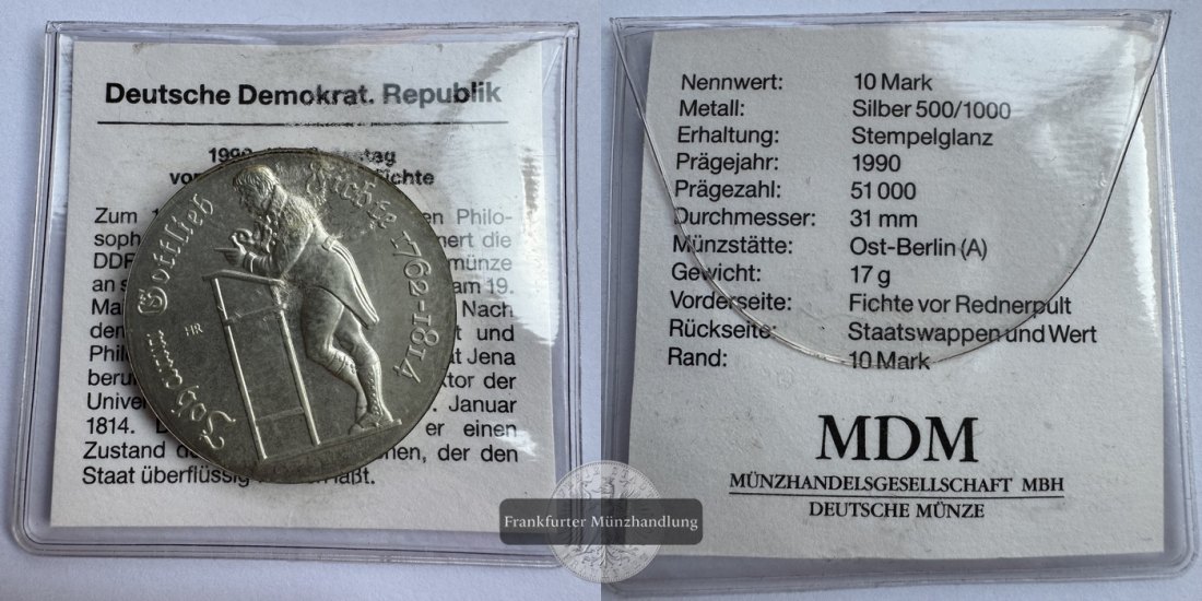  DDR 10 Mark 1990 Johann Gottlieb Fichte FM-Frankfurt KM#137 Feinsilber: 8,5g   