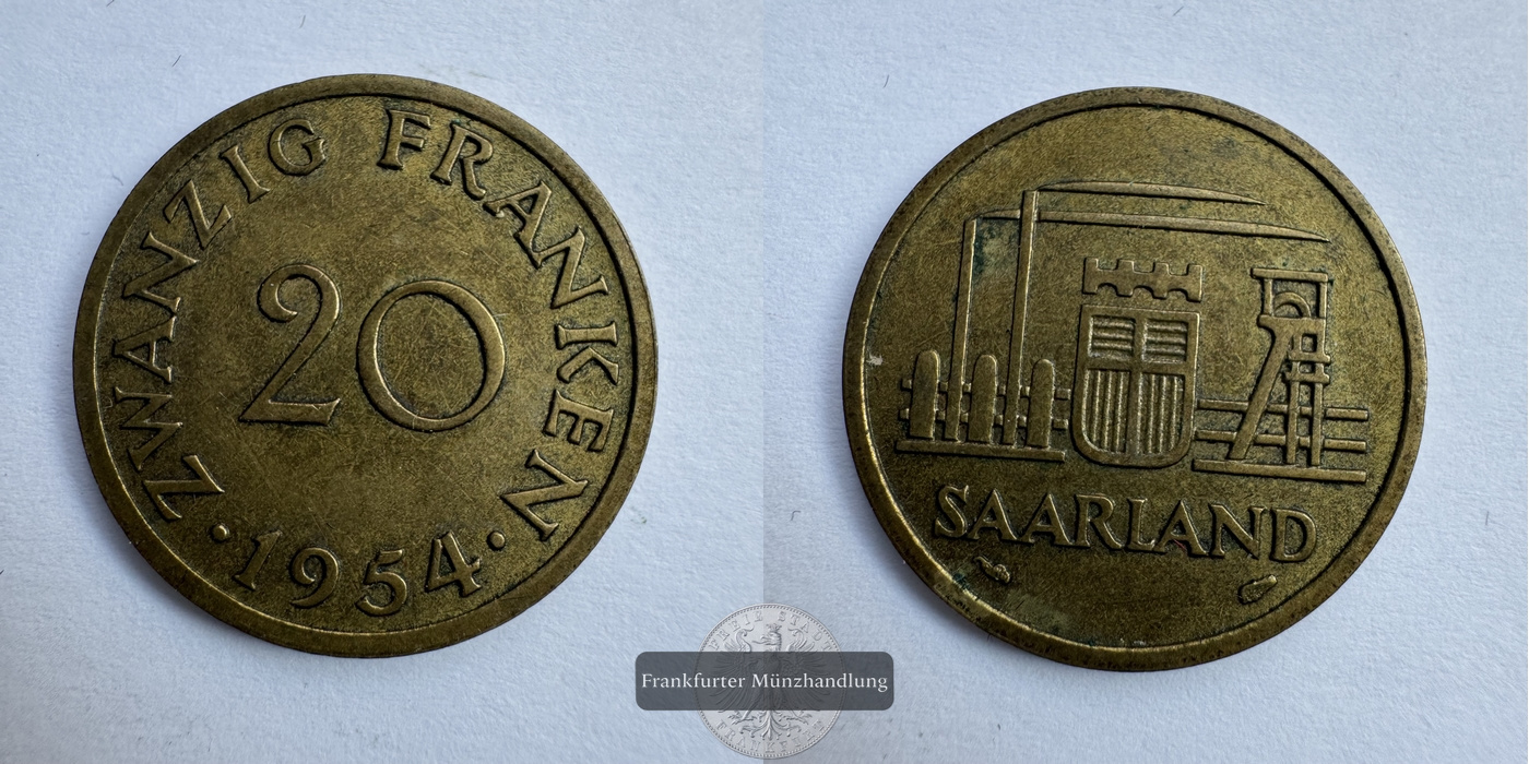  Saarland   20 Franken 1954  FM-Frankfurt KM#E3 Gewicht: 4g Kupfer/Aluminium   