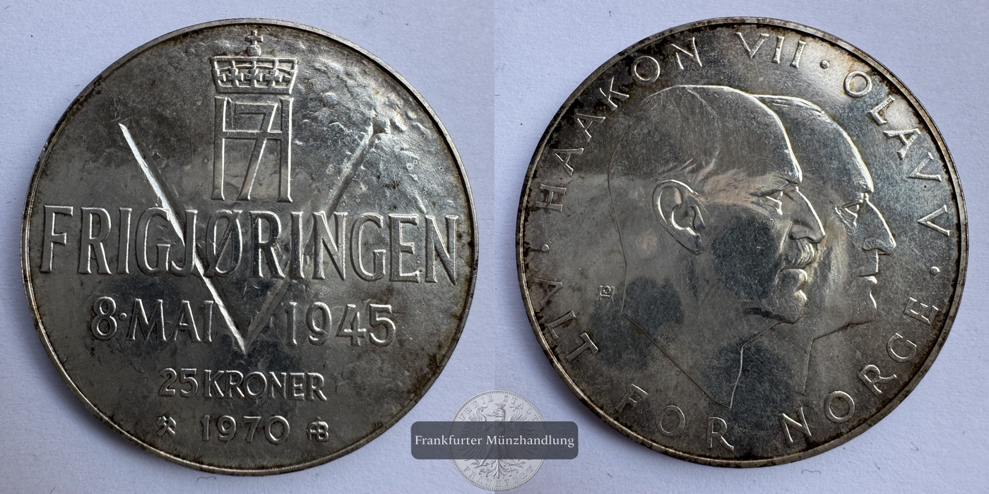  Norwegen, König Olaf V. 25 Kronen 1970 25 Jahre Befreiung  FM-Frankfurt KM#414 Feinsilber: 25,37g   