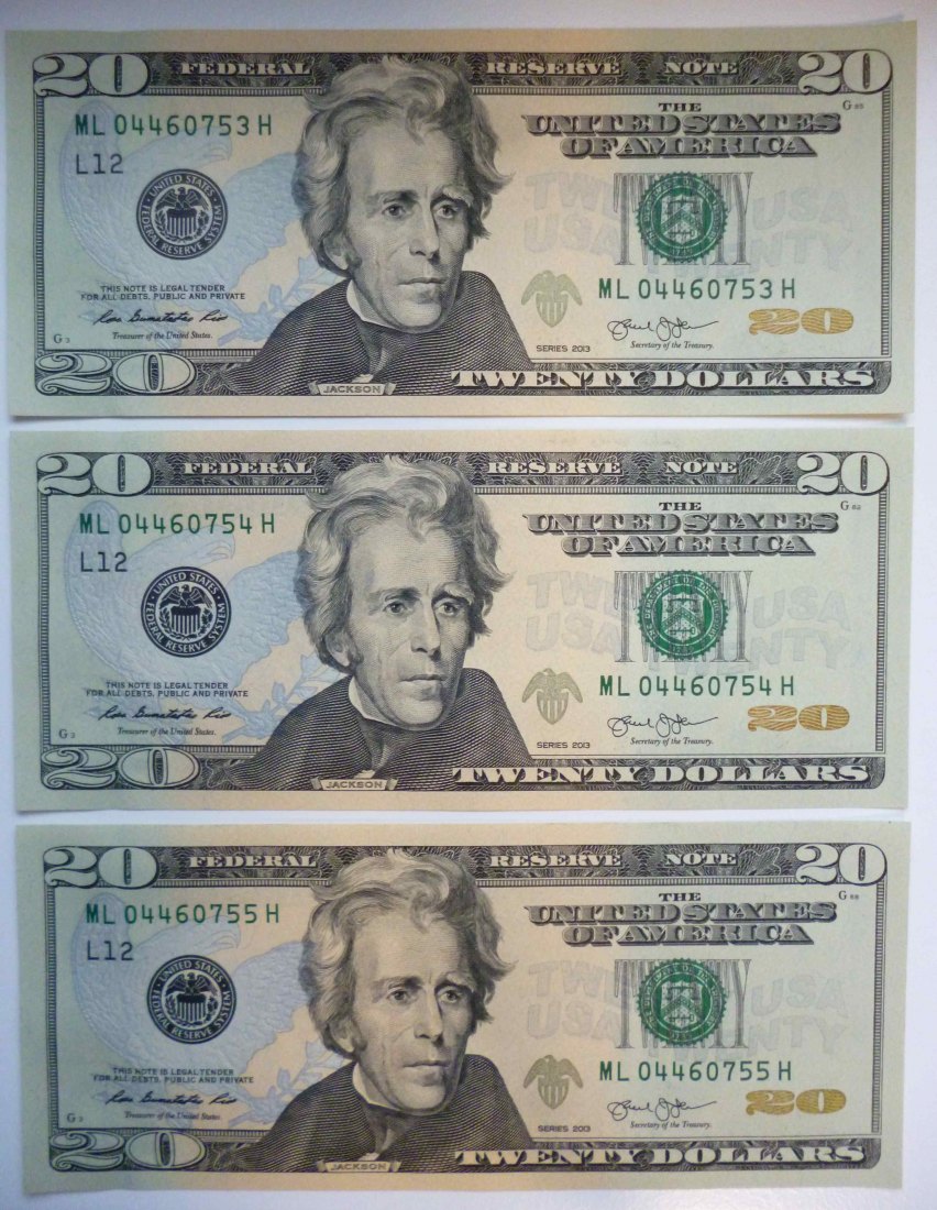USA 3x 20 Dollar 2013 Jackson mit fortlaufender Nummer als Sammelobjekt unzirkuliert