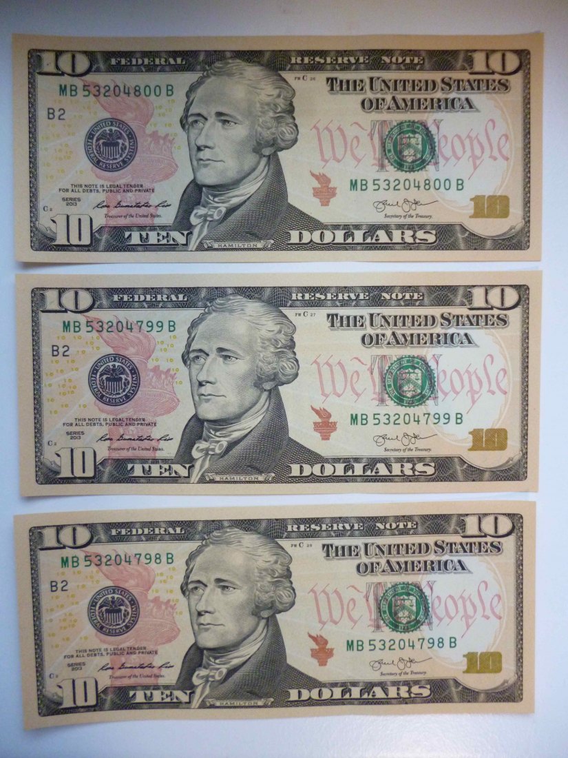 USA 3x 10 Dollar 2013 Hamilton mit fortlaufender Nummer als Sammelobjekt unzirkuliert
