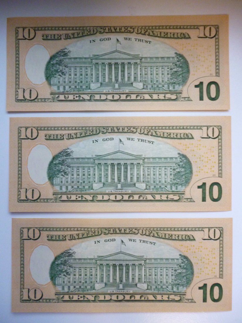  USA 3x 10 Dollar 2013 Hamilton mit fortlaufender Nummer als Sammelobjekt unzirkuliert   
