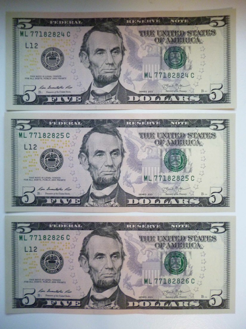 USA 3x 5 Dollar 2013 Lincoln mit fortlaufender Nummer als Sammelobjekt unzirkuliert