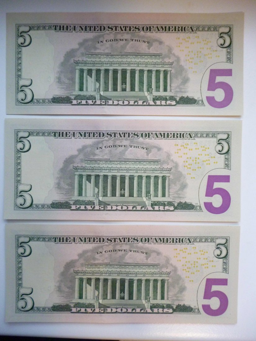  USA 3x 5 Dollar 2013 Lincoln mit fortlaufender Nummer als Sammelobjekt unzirkuliert   