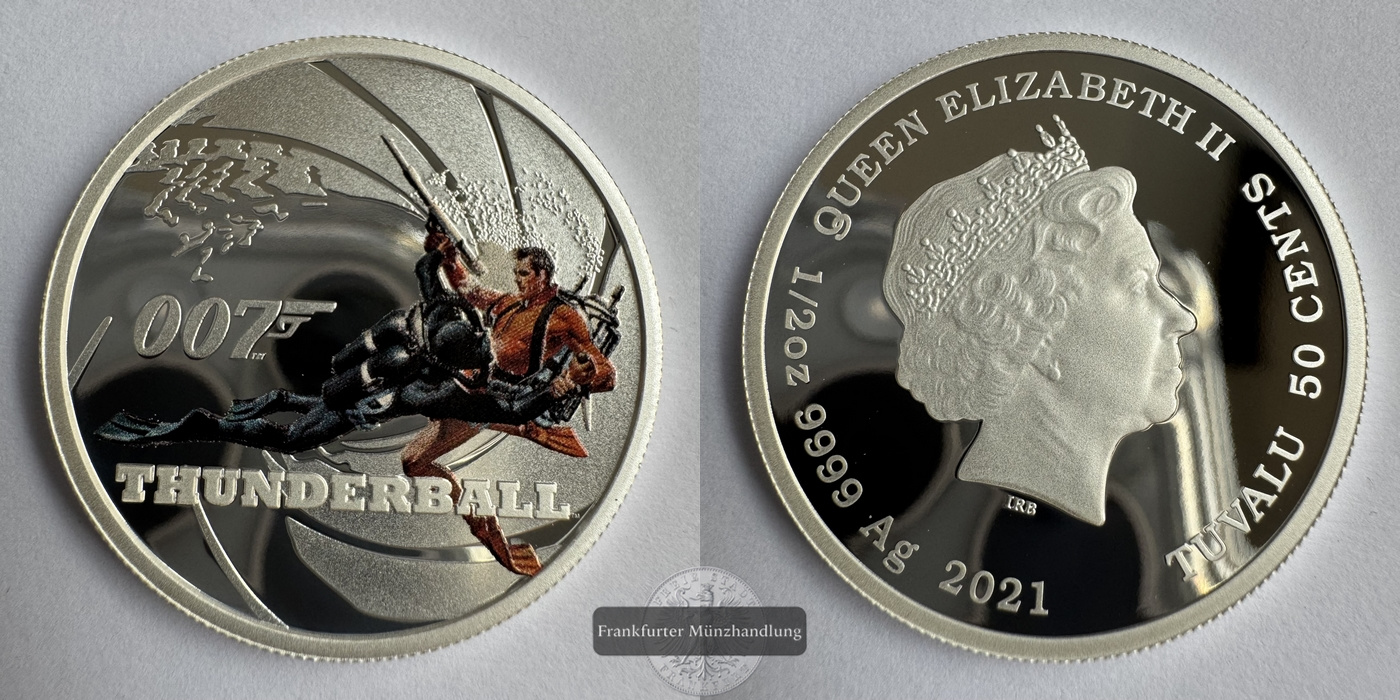  Tuvalu 50 Cent 2021 James Bond 007 Thunderball FM-Frankfurt Feinsilber: 15,55g   