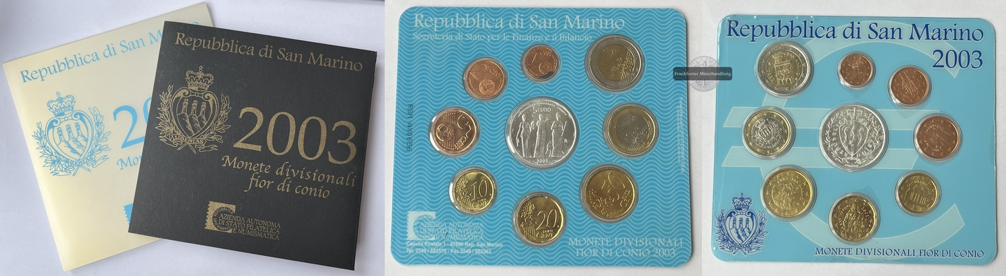  San Marino  Euro-Kursmünzensatz  2003 inkl. 5 Euro Münze FM-Frankfurt Feinsilber: 16,6g   