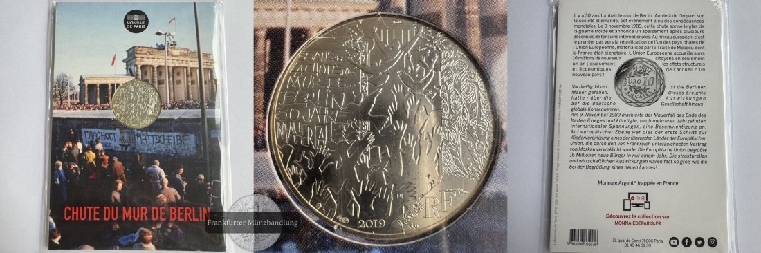  Frankreich 10 Euro 2019 Fall der Berliner Mauer FM-Frankfurt KM#2776 Feinsilber: 5,66g   