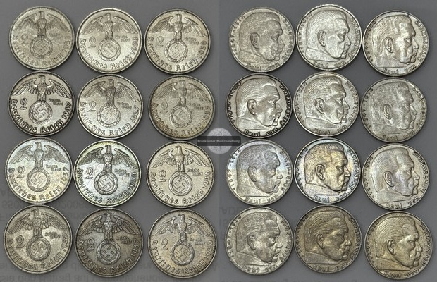  Deutschland, Drittes Reich 12x 2 Reichsmark 1936-38   FM-Frankfurt  Feinsilber:60g   