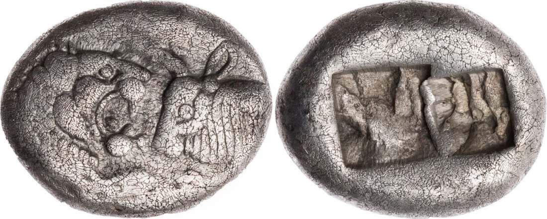  Lydien, Königreich Siglos oder 1/2 Stater 560-546 v. Chr. Kroisos, Sardeis, Löwenprotome und Stierpr   