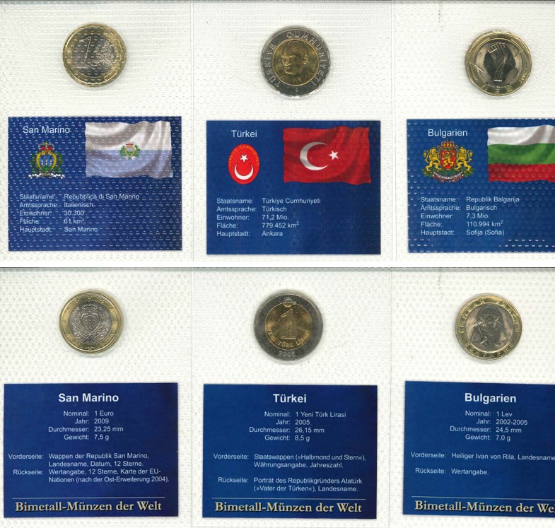  Bimetall Münzen; Bulgarien; Türkei; San Marino ( 3 Stück)   
