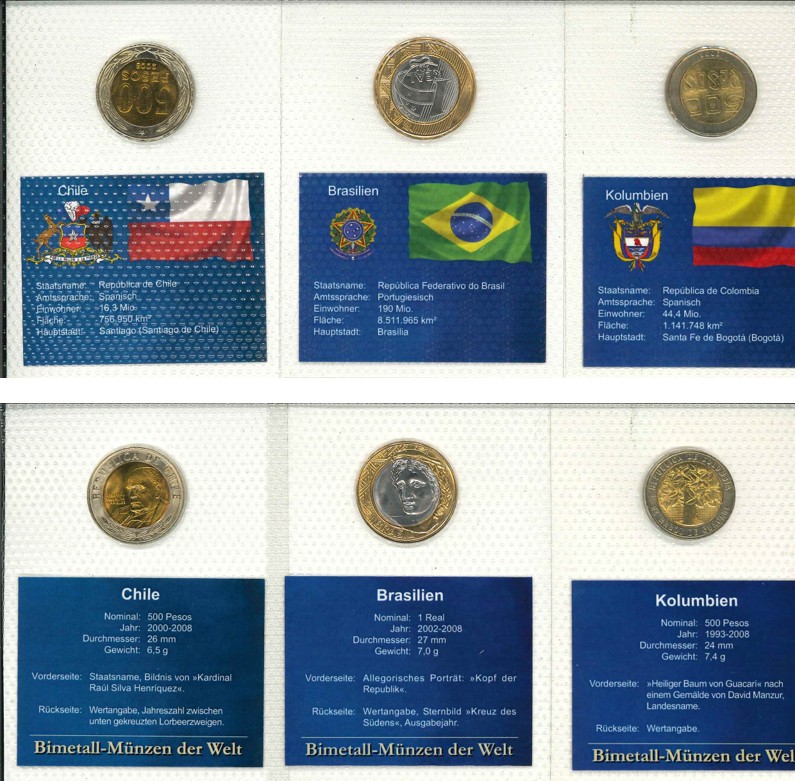  Bimetall Münzen; Chile; Brasilien; Kolumbien ( 3 Stück)   