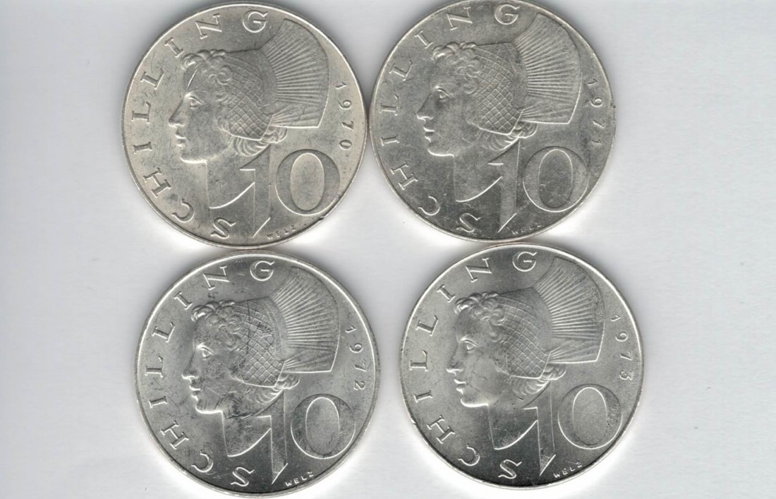  10 Schilling 1970 1971 1972 1973 Ag silber á 4,8g fein Österreich 2. Republik Spittalgold9800 (4785)   