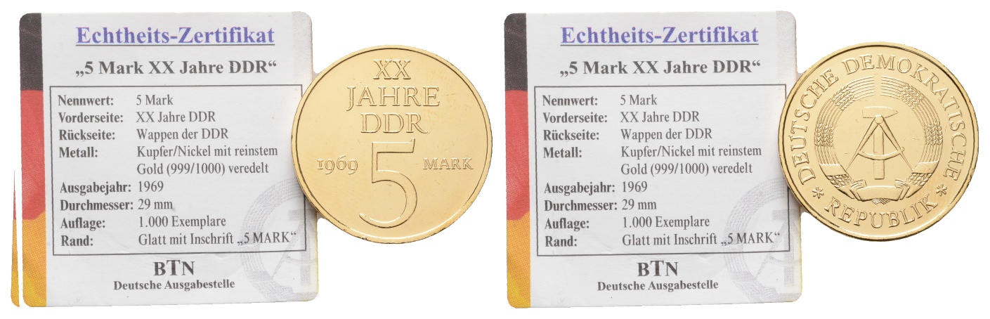  DDR; XX Jahre DDR; 5 Mark 1969; Ku.-Ni., veredelt   