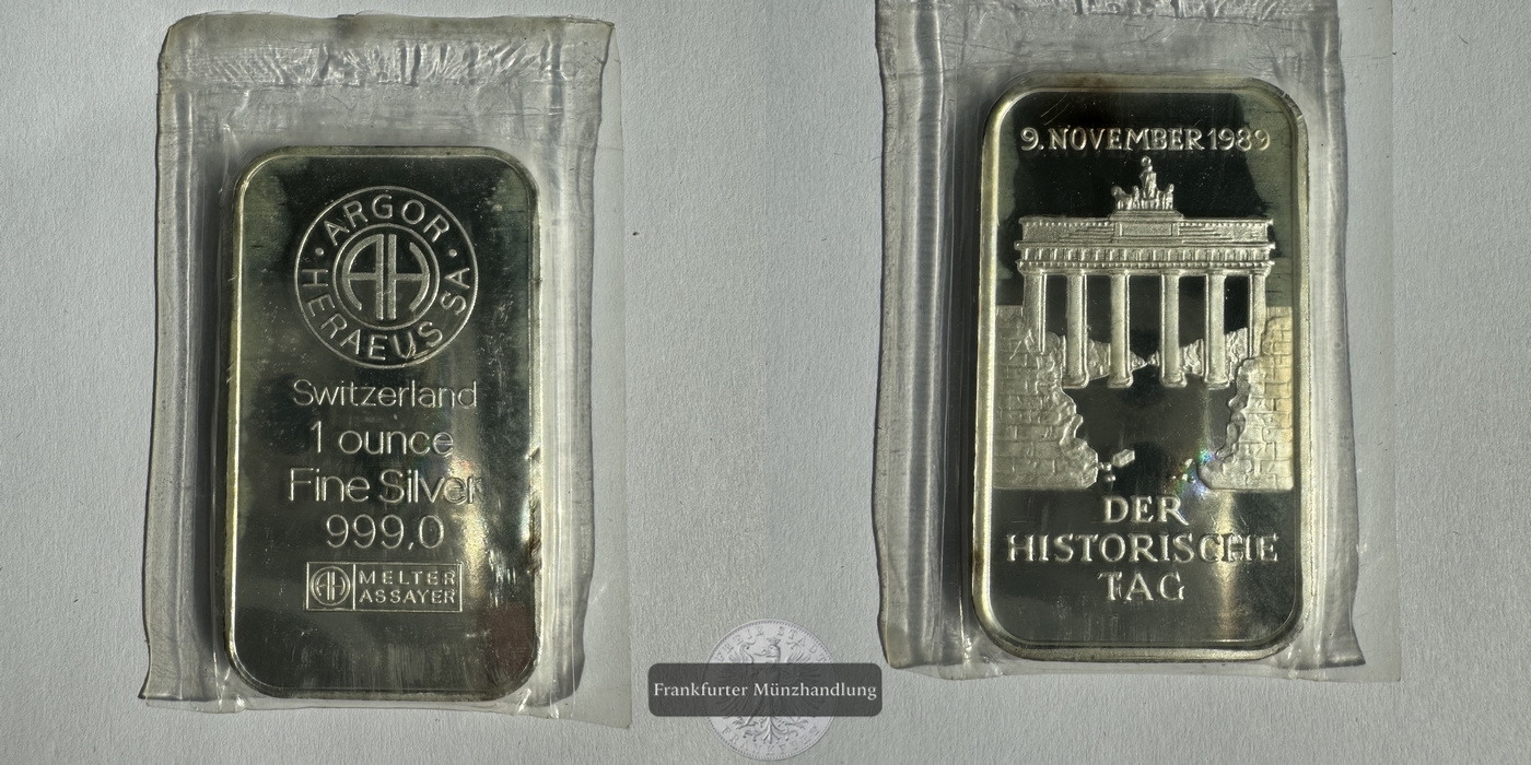  Schweiz 1oz Silberbarren Melter Assayer Der historische Tag 1989 FM-Frankfurt Feinsilber: 31,1g   