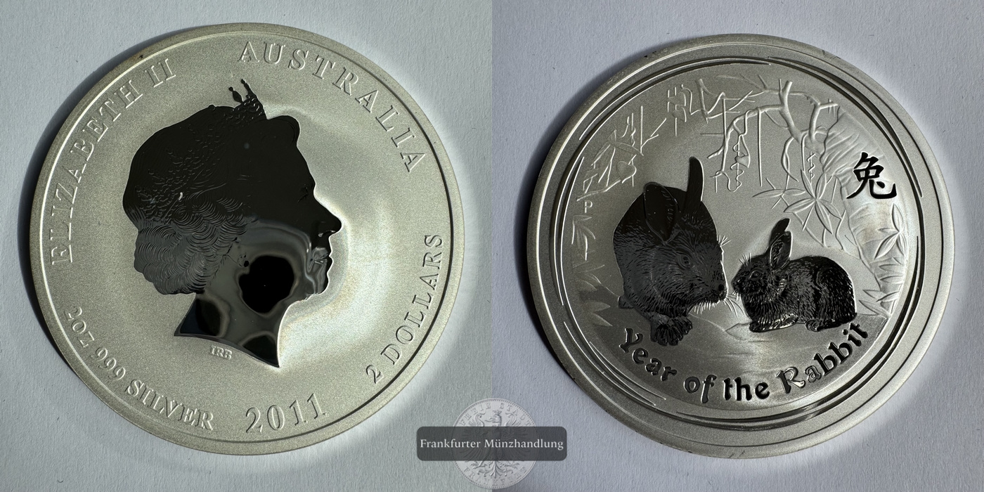  Australien  2 Dollar 2011 Jahr des Hasen FM-Frankfurt KM#1476 Feinsilber: 62,22g   