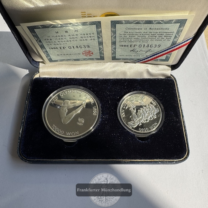  Süd-Korea 10T & 5T Won 1987 Olympics Seoul 1988 FM-Frankfurt KM#57 & KM#55 Feinsilber: 46,65g   